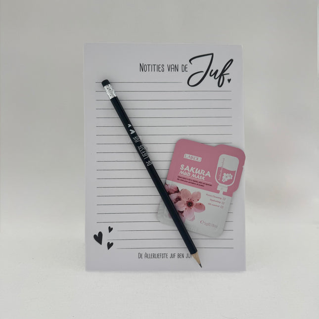 Juf •Cadeaupakket Dames• Notitieblok voor de Juf Maskertje
